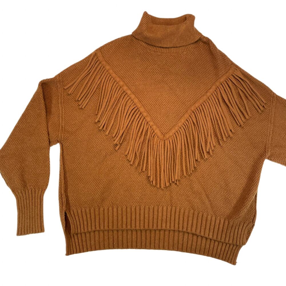 Philosophy Women's Fringe Turtleneck Sweater XL Brown Western Boho Knit Pullover